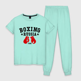 Женская пижама хлопок с принтом Boxing Russia time в Курске, 100% хлопок | брюки и футболка прямого кроя, без карманов, на брюках мягкая резинка на поясе и по низу штанин | boxing | boxing russia time | kickboxing | mix fight | бокс | боксер | кик бокс | кикбокс