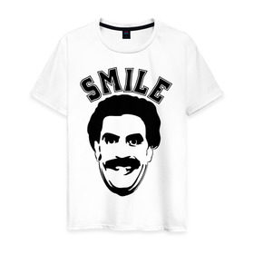 Мужская футболка хлопок с принтом Борат-smile в Курске, 100% хлопок | прямой крой, круглый вырез горловины, длина до линии бедер, слегка спущенное плечо. | borat smileкавказ | борат | борат smile | кавказцы