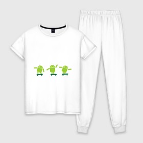 Женская пижама хлопок с принтом Android на скейте в Курске, 100% хлопок | брюки и футболка прямого кроя, без карманов, на брюках мягкая резинка на поясе и по низу штанин | 