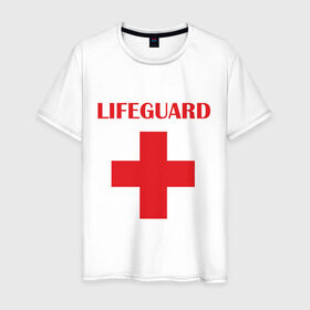 Мужская футболка хлопок с принтом Спасатель в Курске, 100% хлопок | прямой крой, круглый вырез горловины, длина до линии бедер, слегка спущенное плечо. | lifeguard | врачь | доктор | красный крест | медик | медицина | спасатель