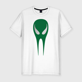 Мужская футболка премиум с принтом Зеленый череп в Курске, 92% хлопок, 8% лайкра | приталенный силуэт, круглый вырез ворота, длина до линии бедра, короткий рукав | гуманоид | зеленый череп | инопланетянин | нло | пришелец | череп