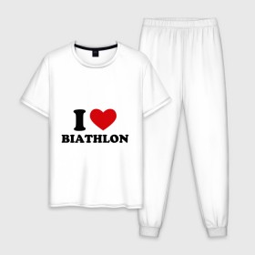 Мужская пижама хлопок с принтом Я люблю Биатлон — I love Biathlon в Курске, 100% хлопок | брюки и футболка прямого кроя, без карманов, на брюках мягкая резинка на поясе и по низу штанин
 | биатлон | биатлонисты | я люблю