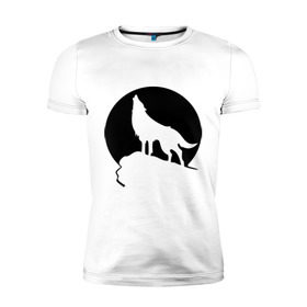 Мужская футболка премиум с принтом Волк на фоне Луны в Курске, 92% хлопок, 8% лайкра | приталенный силуэт, круглый вырез ворота, длина до линии бедра, короткий рукав | волк | животные | луна | утес | хищник