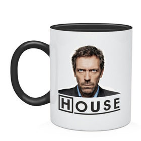 Кружка двухцветная с принтом Gregory House M.D. в Курске, керамика | объем — 330 мл, диаметр — 80 мм. Цветная ручка и кайма сверху, в некоторых цветах — вся внутренняя часть | Тематика изображения на принте: everybody lies | haus | house | все лгут | доктор | хауз | хаус | хью лори