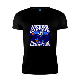 Мужская футболка премиум с принтом WWE John Cena Never Give Up в Курске, 92% хлопок, 8% лайкра | приталенный силуэт, круглый вырез ворота, длина до линии бедра, короткий рукав | Тематика изображения на принте: wwe | бои без правил | джон сина