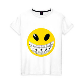 Женская футболка хлопок с принтом Смайл с брекетами в Курске, 100% хлопок | прямой крой, круглый вырез горловины, длина до линии бедер, слегка спущенное плечо | Тематика изображения на принте: smile | брекеты | зубы | смайл | смайлик | улыбка