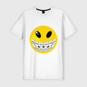 Мужская футболка премиум с принтом Смайл с брекетами в Курске, 92% хлопок, 8% лайкра | приталенный силуэт, круглый вырез ворота, длина до линии бедра, короткий рукав | Тематика изображения на принте: smile | брекеты | зубы | смайл | смайлик | улыбка