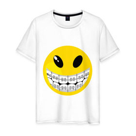 Мужская футболка хлопок с принтом Смайл с брекетами в Курске, 100% хлопок | прямой крой, круглый вырез горловины, длина до линии бедер, слегка спущенное плечо. | Тематика изображения на принте: smile | брекеты | зубы | смайл | смайлик | улыбка