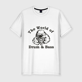 Мужская футболка премиум с принтом The World of Drum & Bass в Курске, 92% хлопок, 8% лайкра | приталенный силуэт, круглый вырез ворота, длина до линии бедра, короткий рукав | dnb | бас | драм | клоун | мир драм и бас