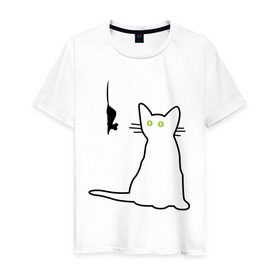 Мужская футболка хлопок с принтом Кот и мышка в Курске, 100% хлопок | прямой крой, круглый вырез горловины, длина до линии бедер, слегка спущенное плечо. | киса | кот | котенок | котик | котэ | кошак | кошка | мышка | мышонок | мышь
