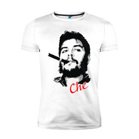 Мужская футболка премиум с принтом Че Гевара с сигарой в Курске, 92% хлопок, 8% лайкра | приталенный силуэт, круглый вырез ворота, длина до линии бедра, короткий рукав | Тематика изображения на принте: che | guevara | гевара | куба | личность | революция | че