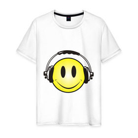Мужская футболка хлопок с принтом Смайл в наушниках (2) в Курске, 100% хлопок | прямой крой, круглый вырез горловины, длина до линии бедер, слегка спущенное плечо. | Тематика изображения на принте: smile | смайл | смайлик | улыбка | шаушники