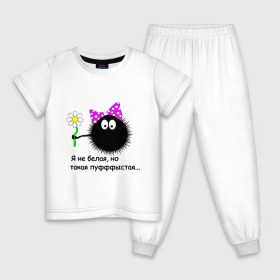Детская пижама хлопок с принтом Пуфыстая в Курске, 100% хлопок |  брюки и футболка прямого кроя, без карманов, на брюках мягкая резинка на поясе и по низу штанин
 | Тематика изображения на принте: для девушек | пушистая | я не белая
