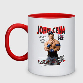 Кружка двухцветная с принтом John Cena Extreme Rules в Курске, керамика | объем — 330 мл, диаметр — 80 мм. Цветная ручка и кайма сверху, в некоторых цветах — вся внутренняя часть | Тематика изображения на принте: джон сина