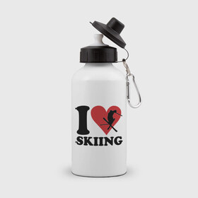 Бутылка спортивная с принтом I love skiing - Я люблю кататься на лыжах в Курске, металл | емкость — 500 мл, в комплекте две пластиковые крышки и карабин для крепления | i love | love skiing | зима | зимние виды спорта | каткться | лыжи | лыжник | люблю лыжи