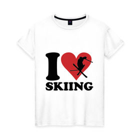 Женская футболка хлопок с принтом I love skiing - Я люблю кататься на лыжах в Курске, 100% хлопок | прямой крой, круглый вырез горловины, длина до линии бедер, слегка спущенное плечо | Тематика изображения на принте: i love | love skiing | зима | зимние виды спорта | каткться | лыжи | лыжник | люблю лыжи