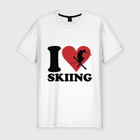 Мужская футболка премиум с принтом I love skiing - Я люблю кататься на лыжах в Курске, 92% хлопок, 8% лайкра | приталенный силуэт, круглый вырез ворота, длина до линии бедра, короткий рукав | i love | love skiing | зима | зимние виды спорта | каткться | лыжи | лыжник | люблю лыжи