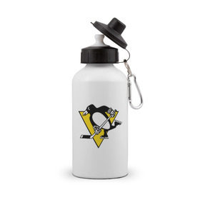 Бутылка спортивная с принтом Pittsburgh Penguins в Курске, металл | емкость — 500 мл, в комплекте две пластиковые крышки и карабин для крепления | пингвин