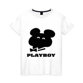 Женская футболка хлопок с принтом Playboy mishka в Курске, 100% хлопок | прямой крой, круглый вырез горловины, длина до линии бедер, слегка спущенное плечо | Тематика изображения на принте: mishka | playboy | медведь | мишка | олимпиада 80 | олимпийский мишка | плейбой