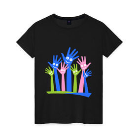 Женская футболка хлопок с принтом Hands Up в Курске, 100% хлопок | прямой крой, круглый вырез горловины, длина до линии бедер, слегка спущенное плечо | glow | hands | up | вверх | руки | светяться | светящиеся | стетиться