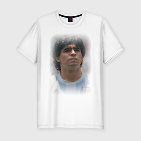 Мужская футболка премиум с принтом Diego Maradona (2) в Курске, 92% хлопок, 8% лайкра | приталенный силуэт, круглый вырез ворота, длина до линии бедра, короткий рукав | diego maradona | footballplayer | болельщикам | диего марадона | евро 2012 | футбол | футболист