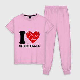Женская пижама хлопок с принтом I love volleyball - Я люблю волейбол в Курске, 100% хлопок | брюки и футболка прямого кроя, без карманов, на брюках мягкая резинка на поясе и по низу штанин | Тематика изображения на принте: волейбол