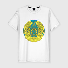 Мужская футболка премиум с принтом Казахстан герб в Курске, 92% хлопок, 8% лайкра | приталенный силуэт, круглый вырез ворота, длина до линии бедра, короткий рукав | Тематика изображения на принте: герб | государство | казахстан | символ | снг | страна