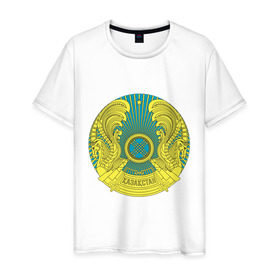 Мужская футболка хлопок с принтом Казахстан герб в Курске, 100% хлопок | прямой крой, круглый вырез горловины, длина до линии бедер, слегка спущенное плечо. | герб | государство | казахстан | символ | снг | страна