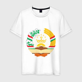 Мужская футболка хлопок с принтом Таджикистан герб в Курске, 100% хлопок | прямой крой, круглый вырез горловины, длина до линии бедер, слегка спущенное плечо. | герб | государство | символ | снг | страна | таджикинстан