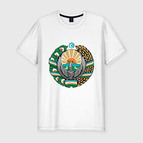 Мужская футболка премиум с принтом Узбекистан герб в Курске, 92% хлопок, 8% лайкра | приталенный силуэт, круглый вырез ворота, длина до линии бедра, короткий рукав | герб | государство | символ | снг | страна | узбекистан