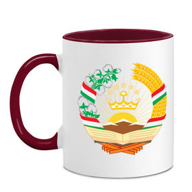 Кружка двухцветная с принтом Таджикистан герб в Курске, керамика | объем — 330 мл, диаметр — 80 мм. Цветная ручка и кайма сверху, в некоторых цветах — вся внутренняя часть | Тематика изображения на принте: политические | таджикистан герб | таджиксткий
