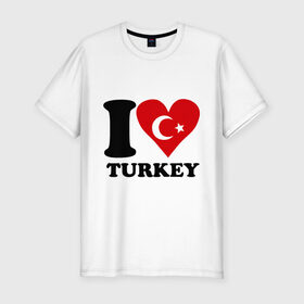 Мужская футболка премиум с принтом I love turkey в Курске, 92% хлопок, 8% лайкра | приталенный силуэт, круглый вырез ворота, длина до линии бедра, короткий рукав | Тематика изображения на принте: i love turkey | полумесяц | турция | флаги | я люблю