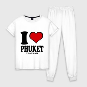 Женская пижама хлопок с принтом I love Phuket в Курске, 100% хлопок | брюки и футболка прямого кроя, без карманов, на брюках мягкая резинка на поясе и по низу штанин | слон