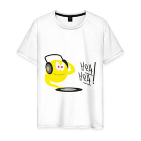 Мужская футболка хлопок с принтом Hey DJ! в Курске, 100% хлопок | прямой крой, круглый вырез горловины, длина до линии бедер, слегка спущенное плечо. | deejay | hey | вертушки | диджей | пластинка | привет