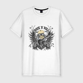 Мужская футболка премиум с принтом Rock `n `Roll в Курске, 92% хлопок, 8% лайкра | приталенный силуэт, круглый вырез ворота, длина до линии бедра, короткий рукав | гитара | крылья