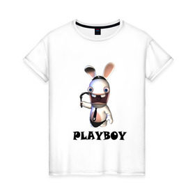 Женская футболка хлопок с принтом Плейбой (2) в Курске, 100% хлопок | прямой крой, круглый вырез горловины, длина до линии бедер, слегка спущенное плечо | playboy | зайчик | заяц | плейбой