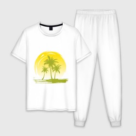Мужская пижама хлопок с принтом Райский уголок в Курске, 100% хлопок | брюки и футболка прямого кроя, без карманов, на брюках мягкая резинка на поясе и по низу штанин
 | море | на море | пальмы | пляж | рай | райский отдых | райский уголок | райское наслаждение