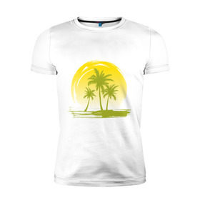 Мужская футболка премиум с принтом Райский уголок в Курске, 92% хлопок, 8% лайкра | приталенный силуэт, круглый вырез ворота, длина до линии бедра, короткий рукав | Тематика изображения на принте: море | на море | пальмы | пляж | рай | райский отдых | райский уголок | райское наслаждение