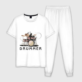 Мужская пижама хлопок с принтом Drummer в Курске, 100% хлопок | брюки и футболка прямого кроя, без карманов, на брюках мягкая резинка на поясе и по низу штанин
 | Тематика изображения на принте: drummer | барабанщик | барабаны | драммер | ударник | ударные