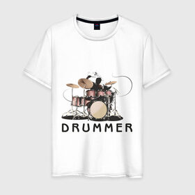 Мужская футболка хлопок с принтом Drummer в Курске, 100% хлопок | прямой крой, круглый вырез горловины, длина до линии бедер, слегка спущенное плечо. | Тематика изображения на принте: drummer | барабанщик | барабаны | драммер | ударник | ударные