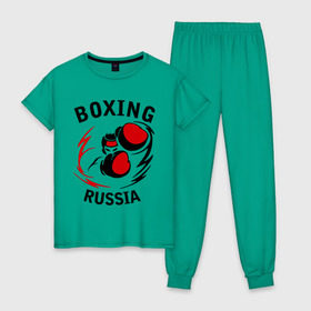 Женская пижама хлопок с принтом Boxing russia forever в Курске, 100% хлопок | брюки и футболка прямого кроя, без карманов, на брюках мягкая резинка на поясе и по низу штанин | 