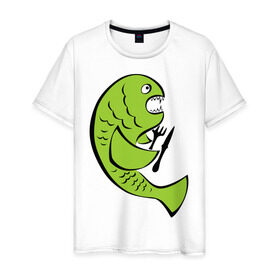 Мужская футболка хлопок с принтом Рыба (5) в Курске, 100% хлопок | прямой крой, круглый вырез горловины, длина до линии бедер, слегка спущенное плечо. | клев | рыба | рыбак | рыбалка | рыбка | удочки | улов