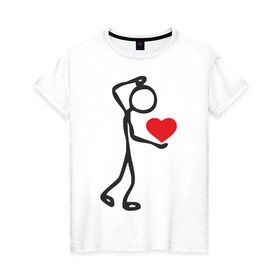 Женская футболка хлопок с принтом Человечек с сердцем (2) в Курске, 100% хлопок | прямой крой, круглый вырез горловины, длина до линии бедер, слегка спущенное плечо | влюбленный | сердечко в руках | сердце | сердце в руках | человечек
