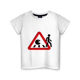 Детская футболка хлопок с принтом Хищный pacman в Курске, 100% хлопок | круглый вырез горловины, полуприлегающий силуэт, длина до линии бедер | pacman | голодный колобок.пэкмен | дорожные знаки | пакмен | пешеход