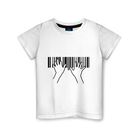 Детская футболка хлопок с принтом Фортепиано штрихкод в Курске, 100% хлопок | круглый вырез горловины, полуприлегающий силуэт, длина до линии бедер | пианино | руки | фортепиано | штрих код | штрихкод