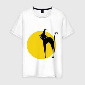 Мужская футболка хлопок с принтом Кот и луна в Курске, 100% хлопок | прямой крой, круглый вырез горловины, длина до линии бедер, слегка спущенное плечо. | 