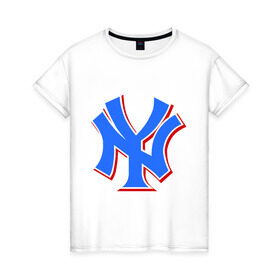 Женская футболка хлопок с принтом NY Yankees blue в Курске, 100% хлопок | прямой крой, круглый вырез горловины, длина до линии бедер, слегка спущенное плечо | baseball | major league basebal | mlb | ny | staten island | yankees | америка | бейсбол | бита | главная лига бейсбола | нью йорк янкиз | статен айленд | сша | янки