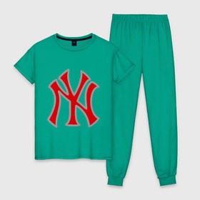 Женская пижама хлопок с принтом NY Yankees red в Курске, 100% хлопок | брюки и футболка прямого кроя, без карманов, на брюках мягкая резинка на поясе и по низу штанин | baseball | major league basebal | mlb | ny | staten island | yankees | америка | бейсбол | бита | главная лига бейсбола | нью йорк янкиз | статен айленд | сша | янки