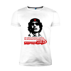 Мужская футболка премиум с принтом Kaddafi hero в Курске, 92% хлопок, 8% лайкра | приталенный силуэт, круглый вырез ворота, длина до линии бедра, короткий рукав | kadafi | kaddafi | кадафи | каддафи | муамар каддафи