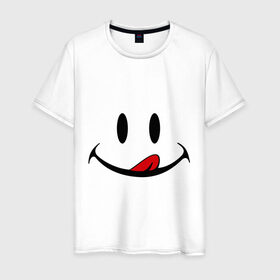 Мужская футболка хлопок с принтом Смайл язык в Курске, 100% хлопок | прямой крой, круглый вырез горловины, длина до линии бедер, слегка спущенное плечо. | smile | рожица | смайл | улыбка | язык